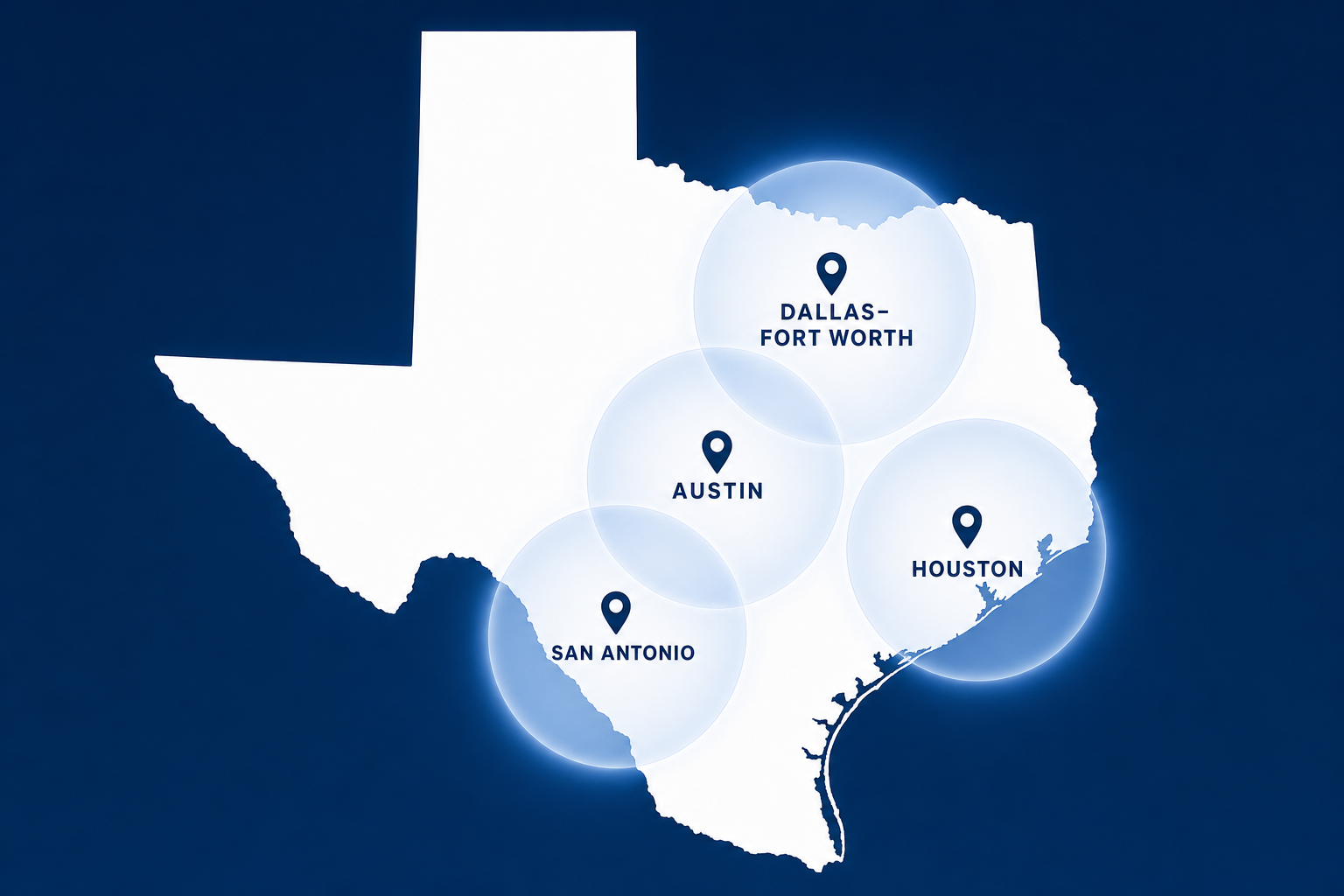 Map of Texas highlighting Dallas-Fort Worth, Austin, San Antonio, and Houston with location markers.