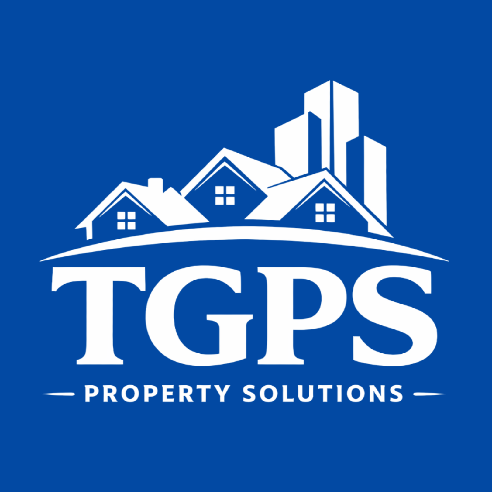 Logo for TGPS Property Solutions featuring three houses and four tall buildings in blue and white.