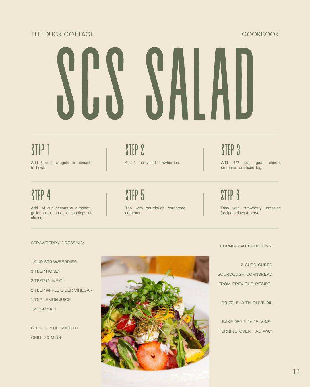 Page from a cookbook with a recipe for a strawberry salad, including ingredients and steps, and a photo of the finished salad with strawberries, greens, and other vegetables.