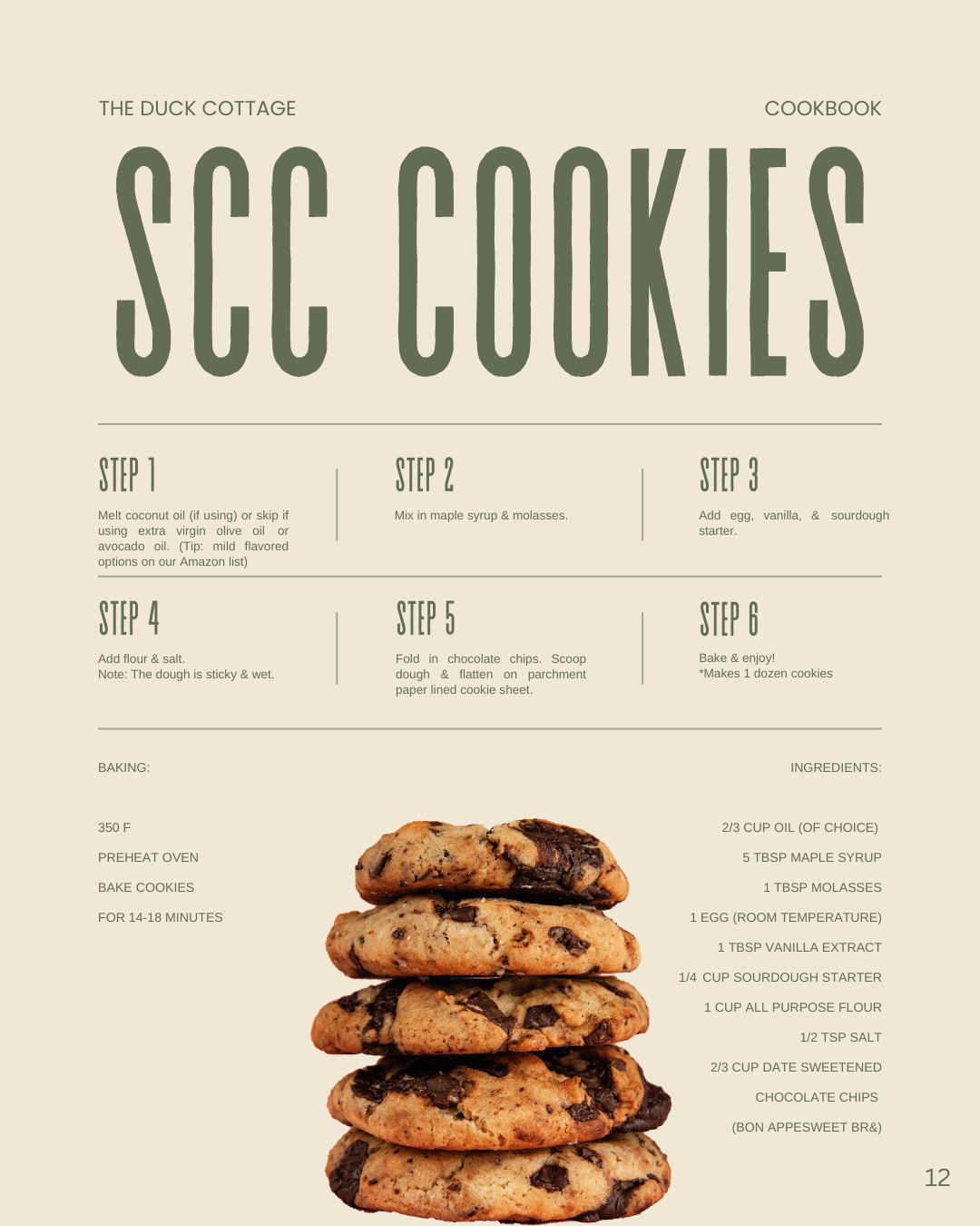 Image of a cookie recipe from The Duck Cottage cookbook, showing six chocolate chip cookies stacked on top of each other, with instructions and ingredients listed.