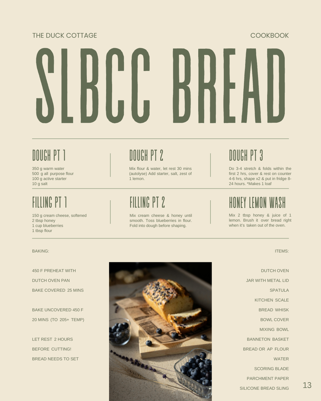 A cookbook page for sourdough bread with recipes for dough, filling, honey lemon wash, and baking instructions. The page includes a photo of a loaf of bread with blueberries on a cutting board.