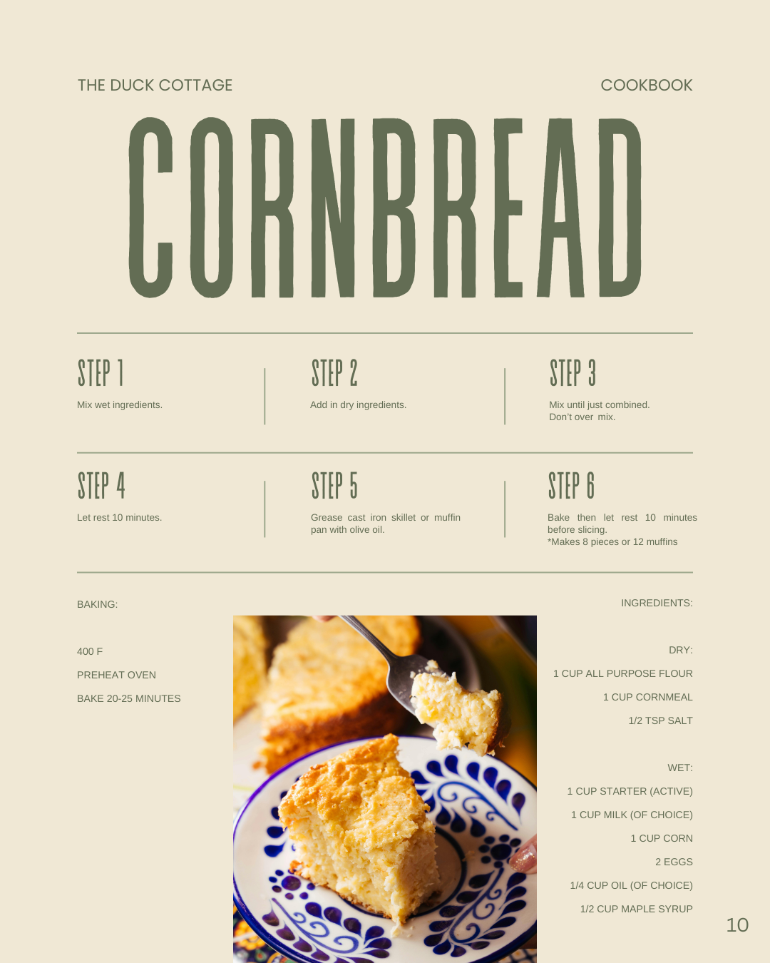 A cookbook page with a recipe for cornbread from The Duck Cottage. The page includes a photo of a slice of cornbread on a patterned plate and step-by-step instructions for preparing and baking the cornbread, along with ingredients and baking details.