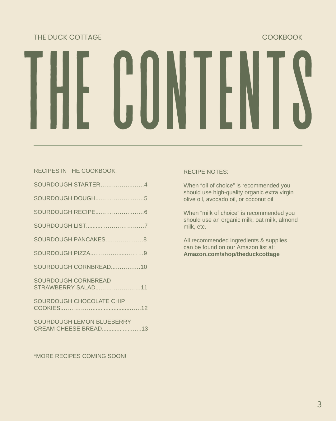 Page from a cookbook titled 'The Contents' by The Duck Cottage, listing recipes including sourdough starter, dough, pancakes, pizza, cornbread, strawberry salad, chocolate chip cookies, and lemon blueberry cream cheese bread with notes on oil and mil