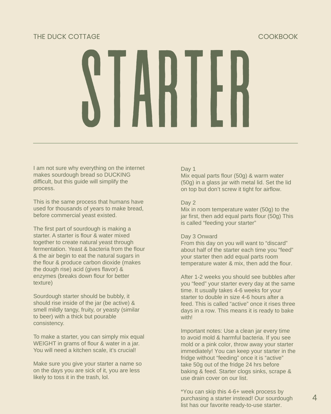 A cookbook page titled "Starter" from The Duck Cottage, with instructions for making sourdough starter over several days.