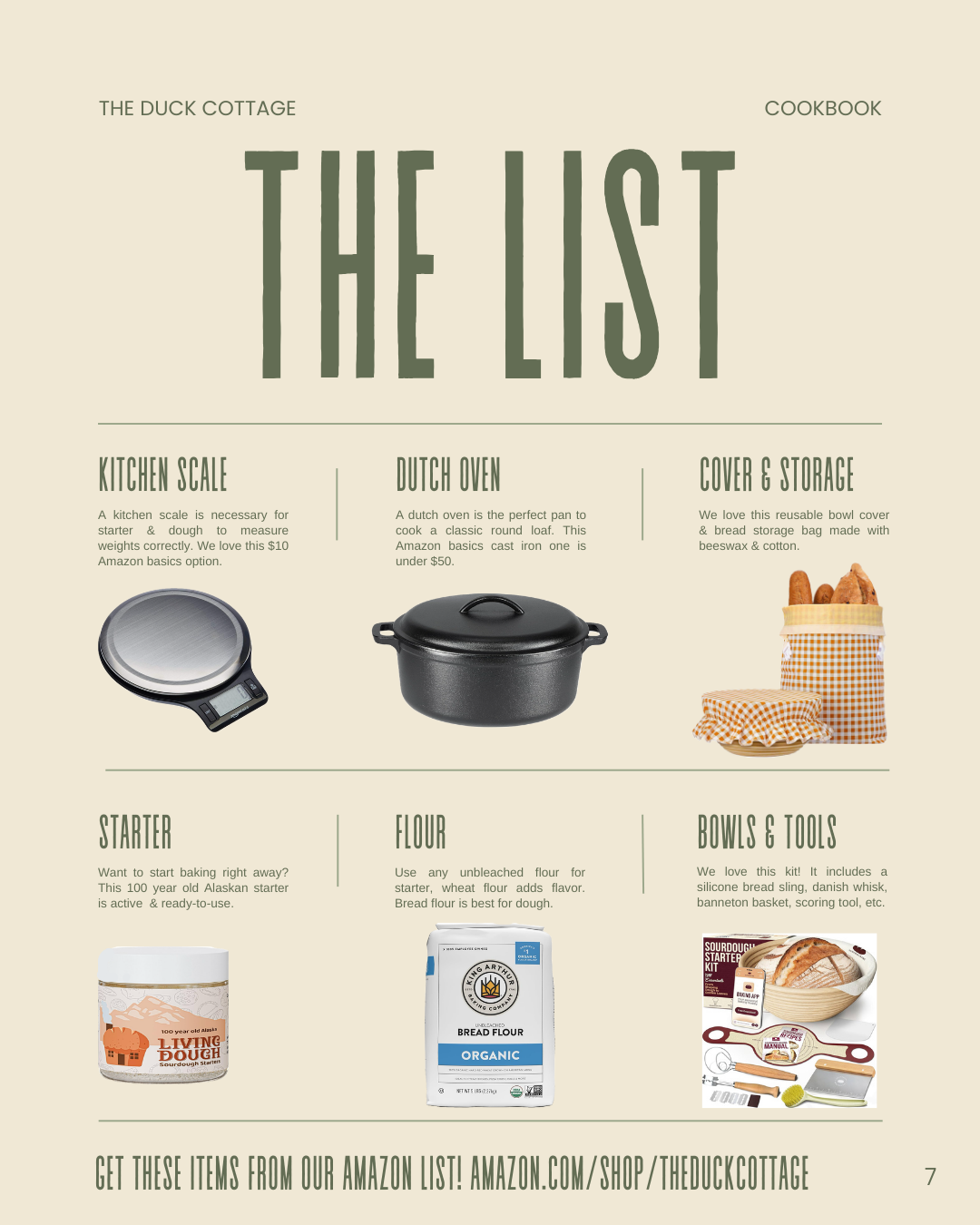 A page from The Duck Cottagoe cookbook titled "The List" with sections on kitchen scale, Dutch oven, cover and storage, starter, flour, bowls and tools, and a note about purchasing items from Amazon.
