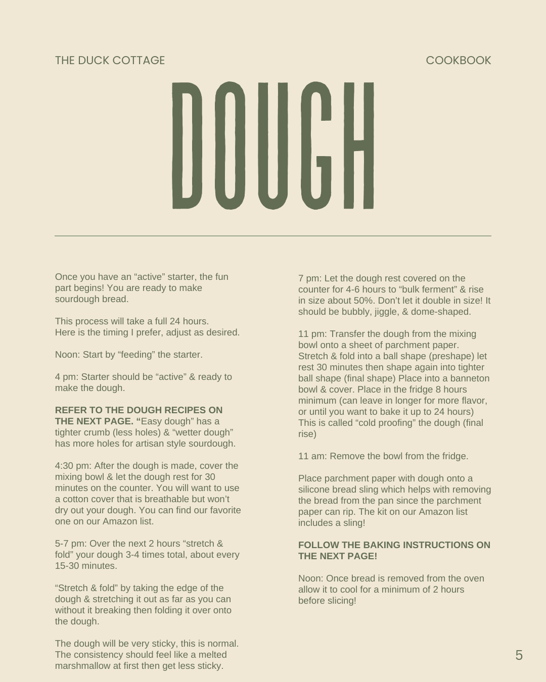 Page from a cookbook titled "Dough" with instructions for making sourdough bread, including steps for resting, shaping, proofing, and baking the dough.