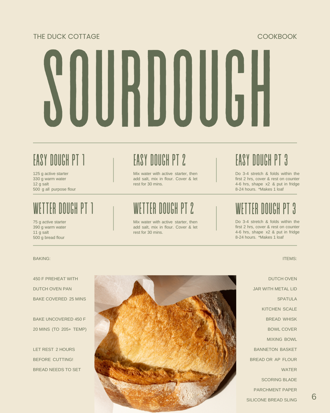 Cover page of a sourdough cookbook featuring a photo of a loaf of bread, with baking instructions and recipes for easy and wetter dough parts, and a list of ingredients and tools needed.