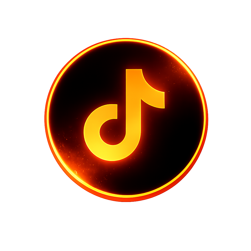 TikTok logo glowing with a fiery orange and yellow glow against a black background.