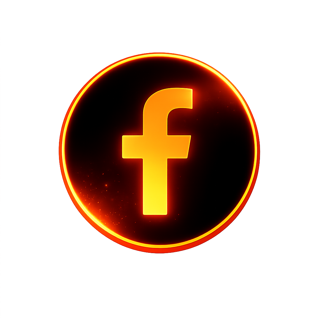 Facebook logo with glowing orange and yellow neon effect on a black circular background.