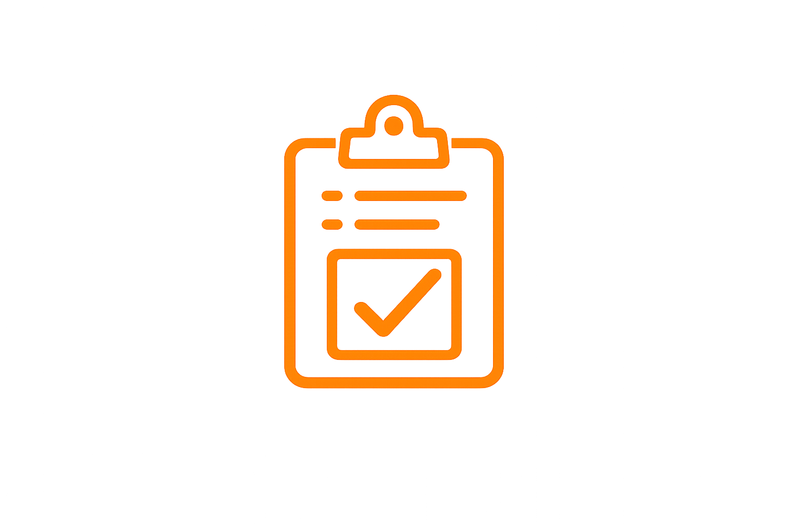 Orange neon icon of a clipboard with a checkmark inside a box