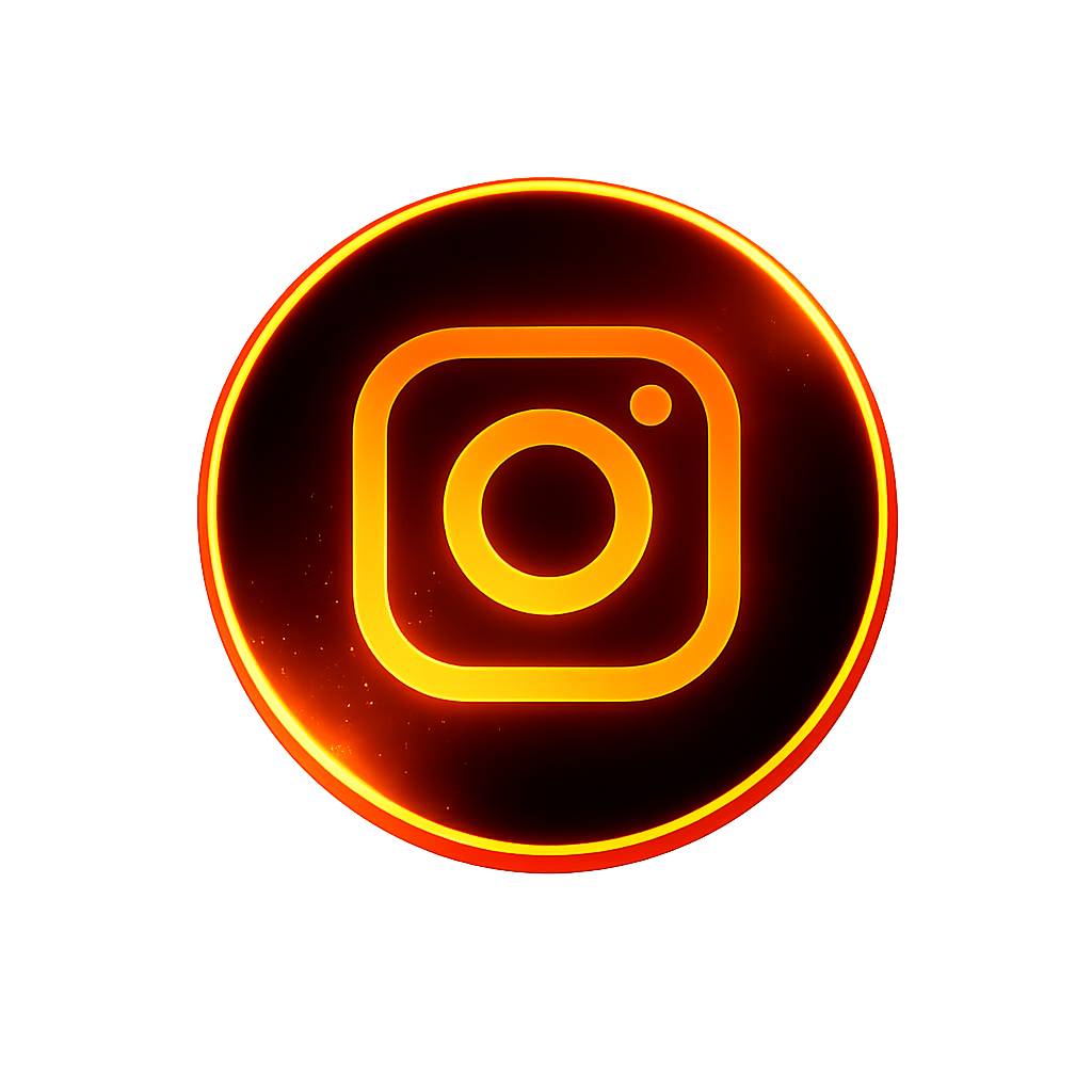 Neon-style glowing orange Instagram logo on a dark background.