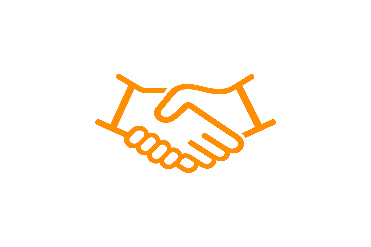 Orange outline of a handshake symbol with large text reading "Partnership" above it on a black background.