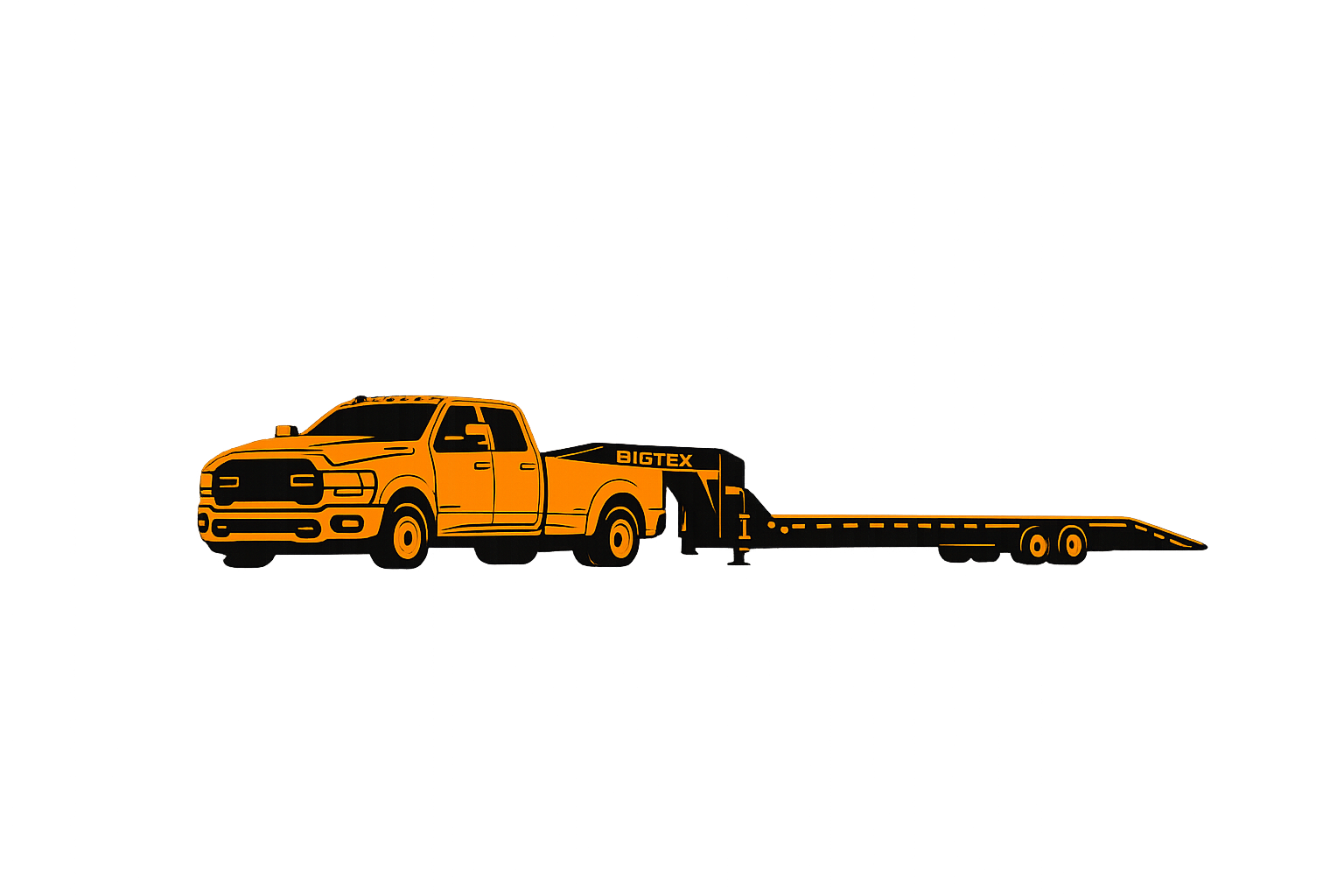Digital illustration of a large orange pickup truck with a flatbed trailer labeled 'BIGTEX' on a dark cityscape background.
