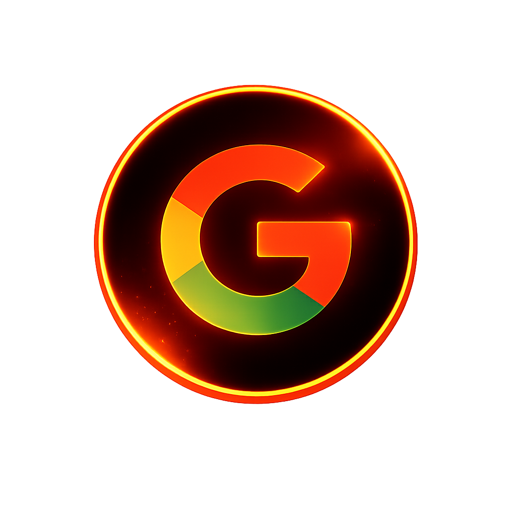 Glowing Google logo illuminated with neon-style red, orange, yellow, and green colors on a dark background.