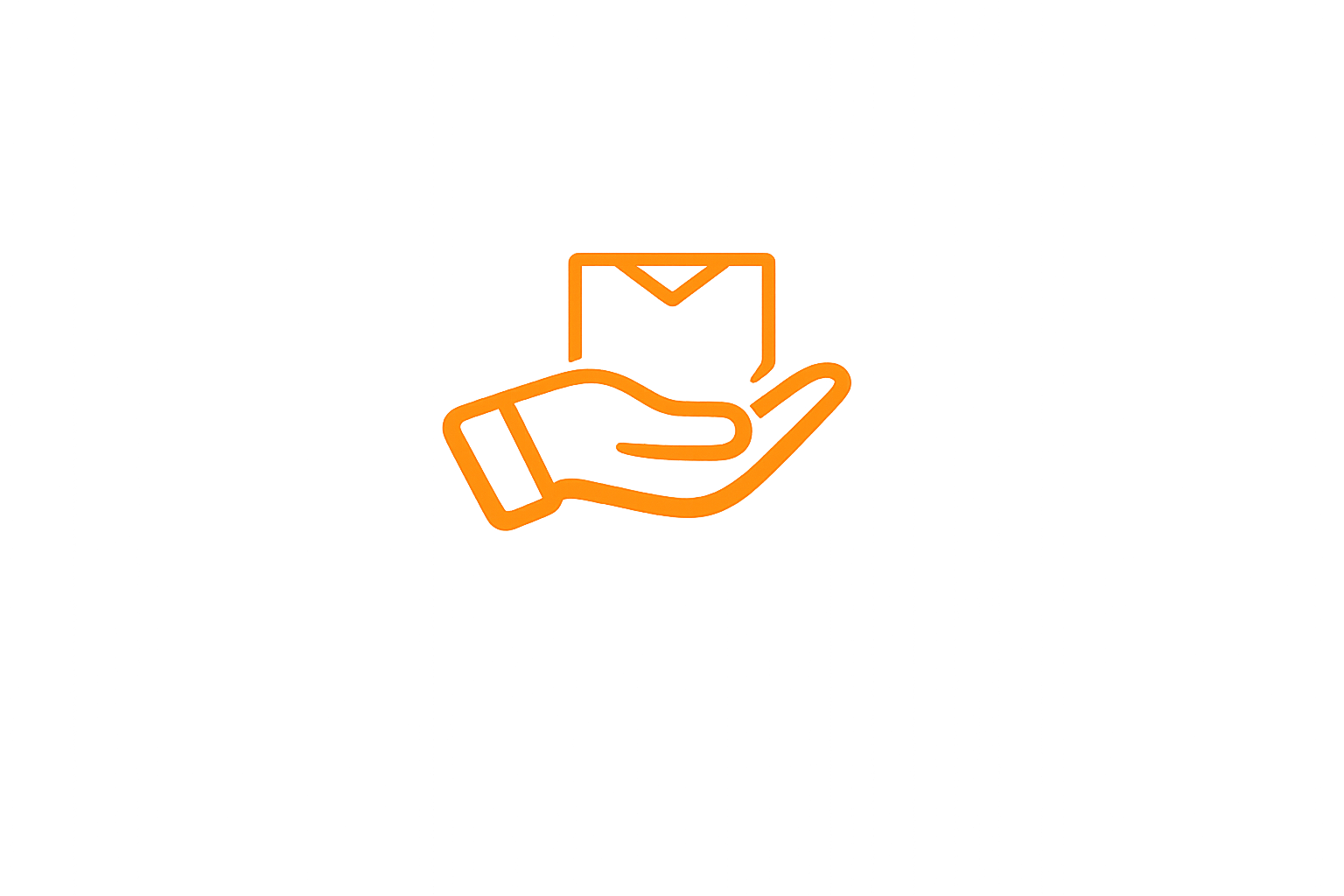 Neon orange outline of a hand holding a small package or envelope against a black background.