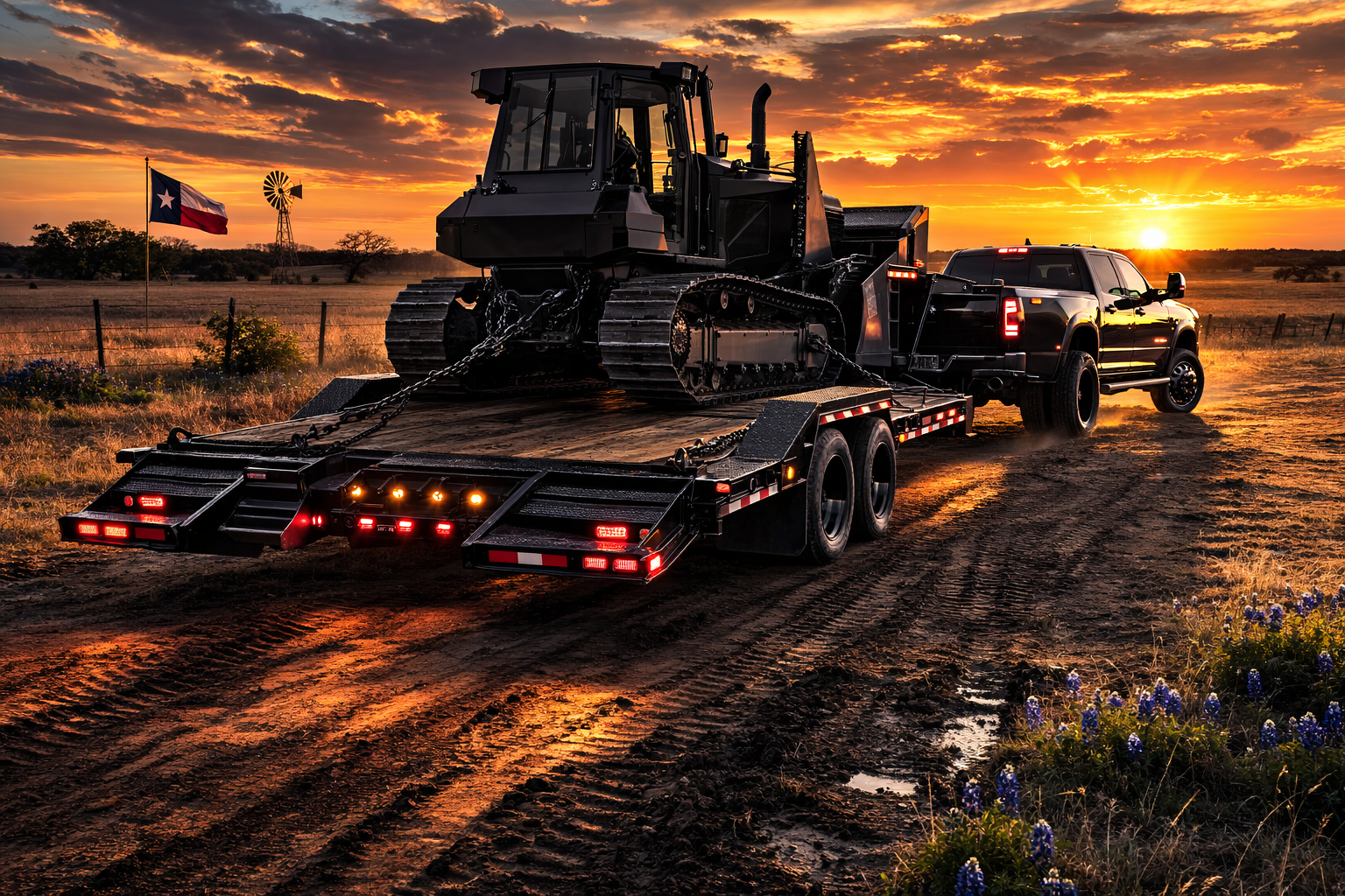 A black truck towing a tracked bulldozer on a flatbed trailer during a sunset in a rural area with a Texas flag, power windmill, and farm fields in the background.