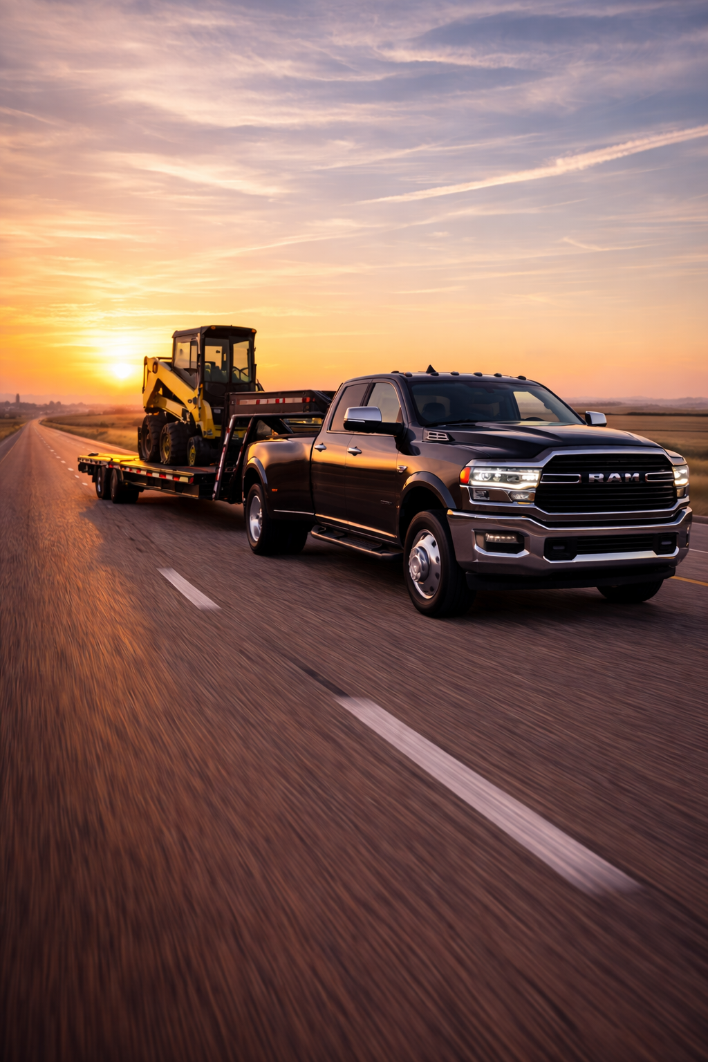 A black RAM pickup truck hauling a flatbed trailer with a yellow construction vehicle during sunset on an open road.