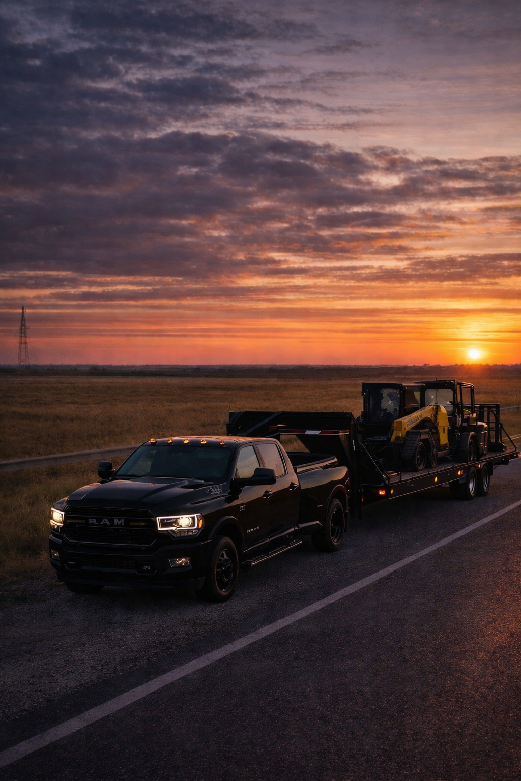 A black RAM pickup truck towing a flatbed trailer with a small yellow construction vehicle, parked on the side of a road during sunset with a colorful sky and open field in the background.