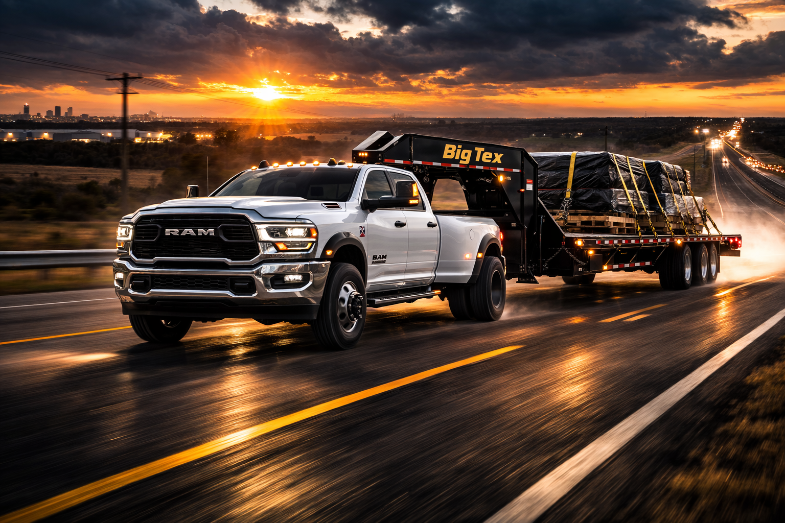 A white RAM truck towing a flatbed trailer loaded with black wrapped cargo, driving on a highway during a sunset with dramatic clouds and city skyline in the background.