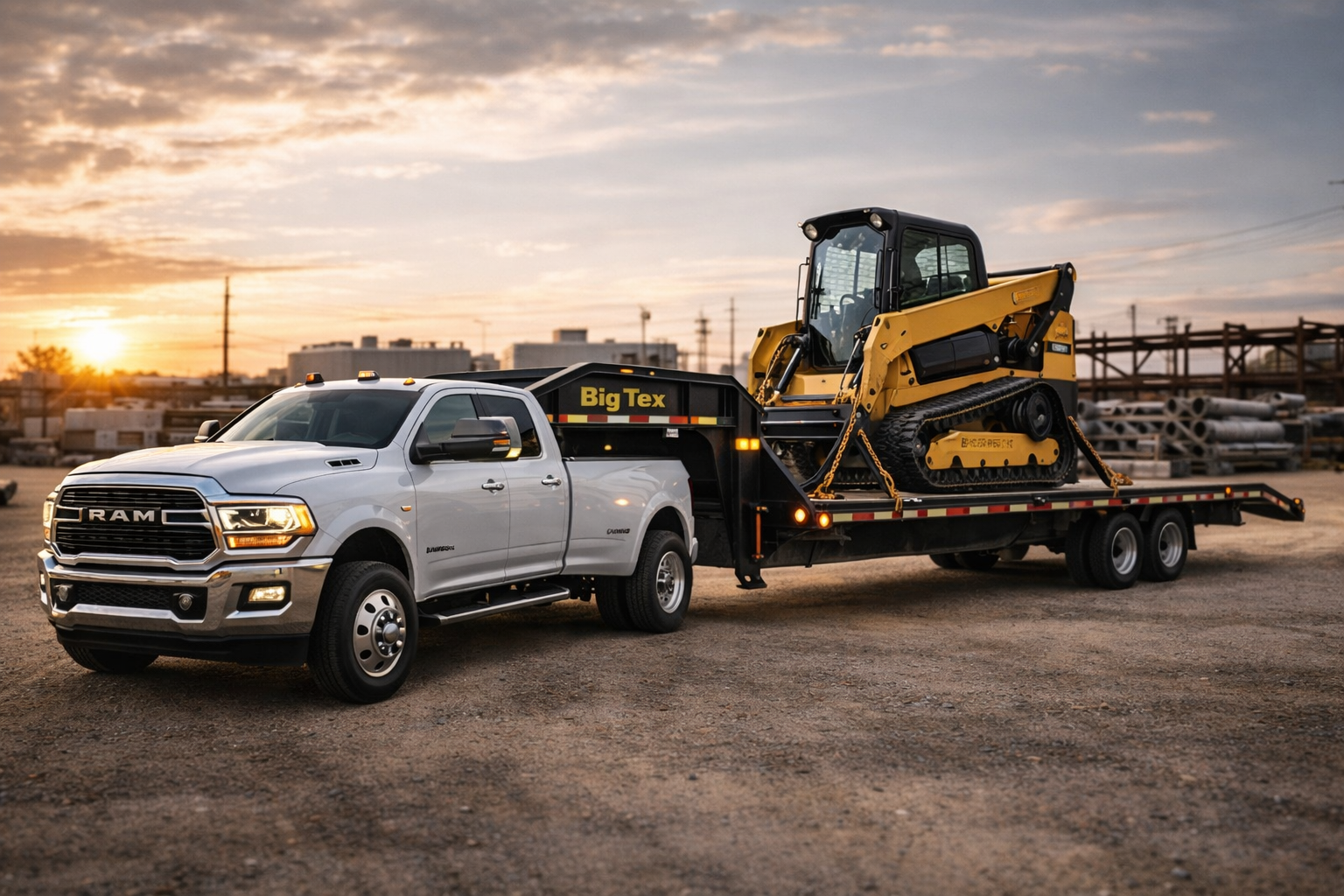 A white RAM pickup truck carrying a yellow bulldozer on a flatbed trailer at sunset.