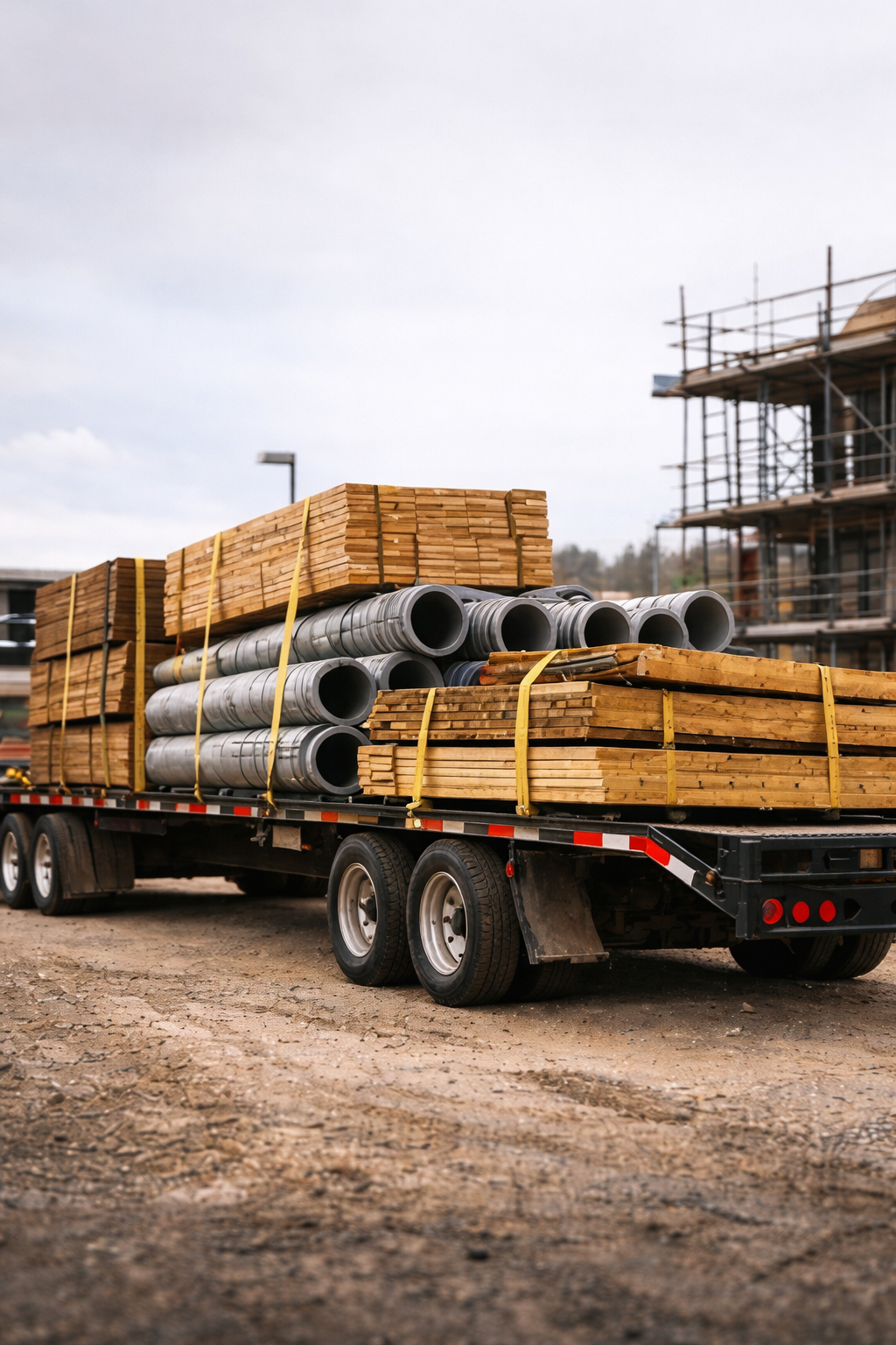 A flatbed truck loaded with lumber and metal pipes at a construction site.