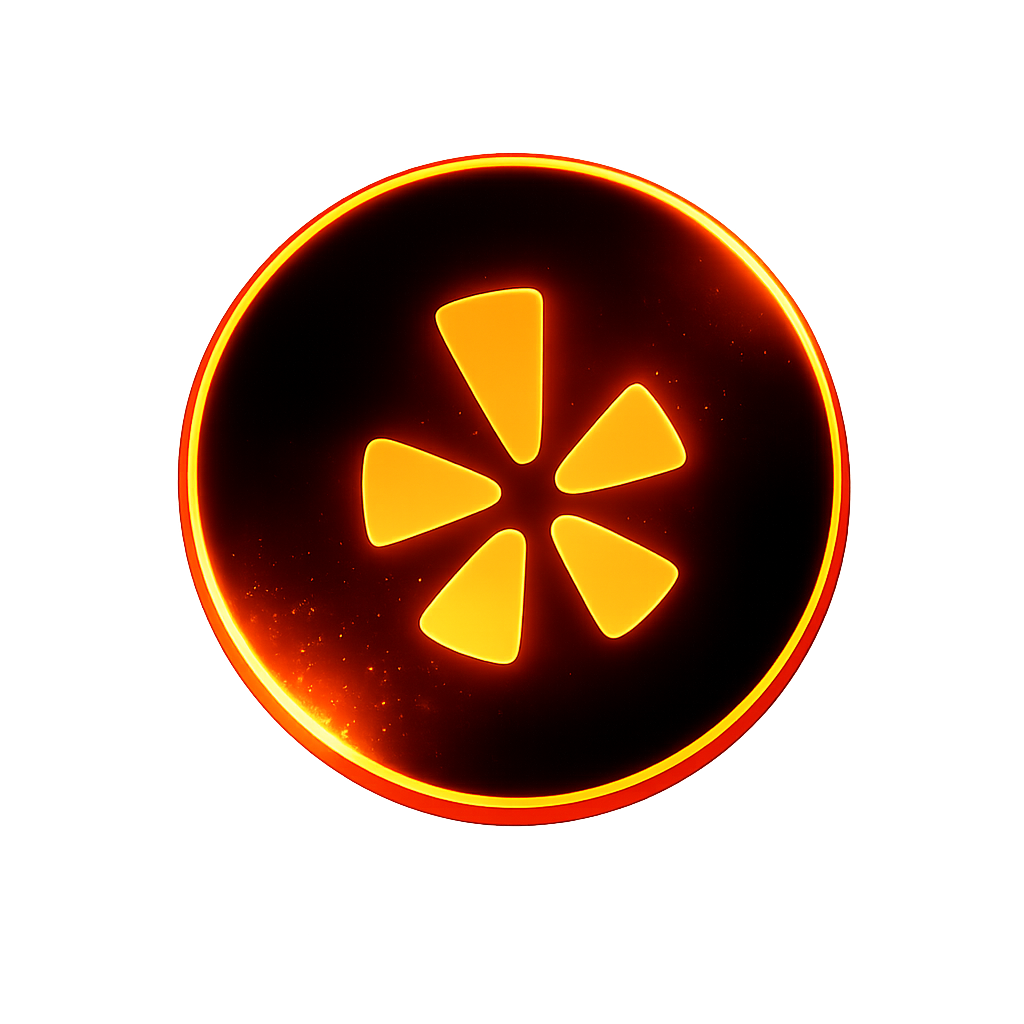 A glowing digital red-orange circular icon with the yelp logo, with a black background.