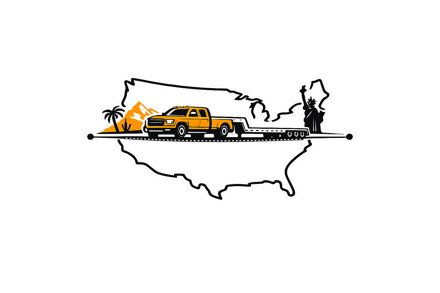 A neon sign of the outline of the United States with a yellow pickup truck inside, a palm tree, and the Statue of Liberty, representing New York, with colorful neon lights in the background.