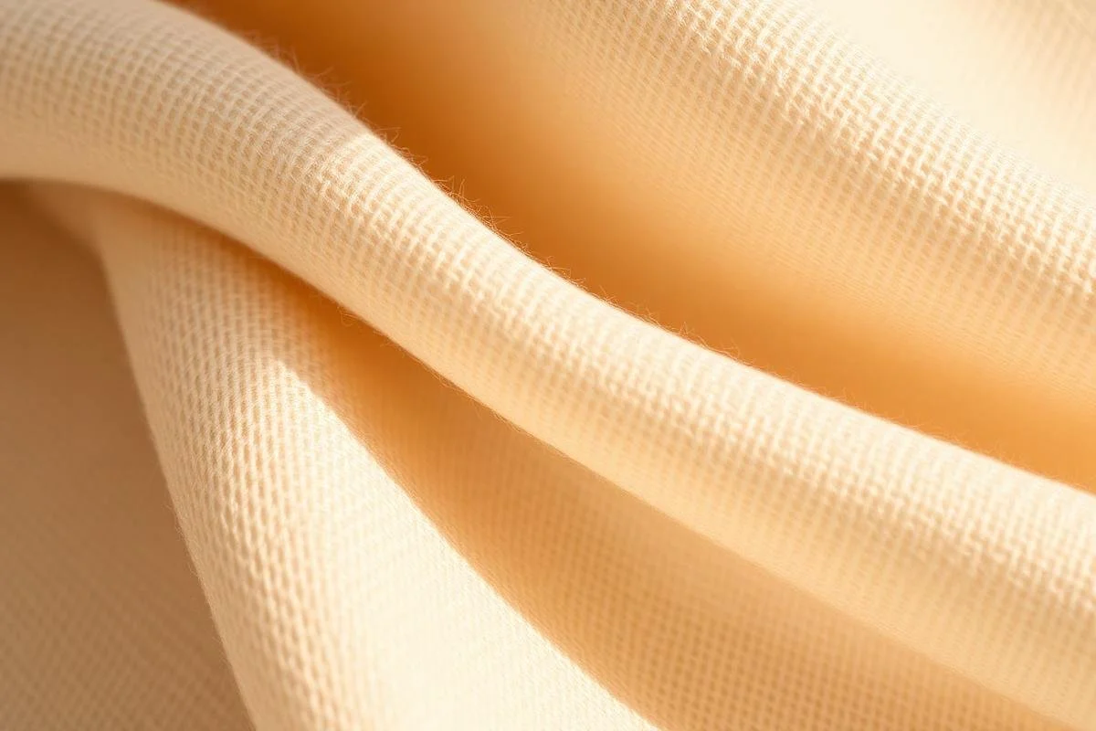 Close-up of light peach fabric with a textured weave and gentle folds.