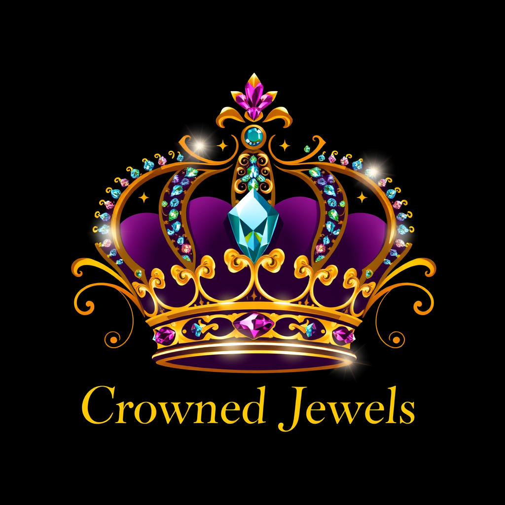 A colorful illustrated crown with purple, blue, and pink jewels, and gold accents, above the text "Crowned Jewels" on a black background.