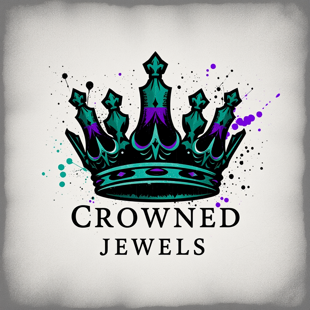 A colorful illustrated crown with purple, teal, and black accents, with splashes of paint around it, above the text 'Crowned Jewels' in black.