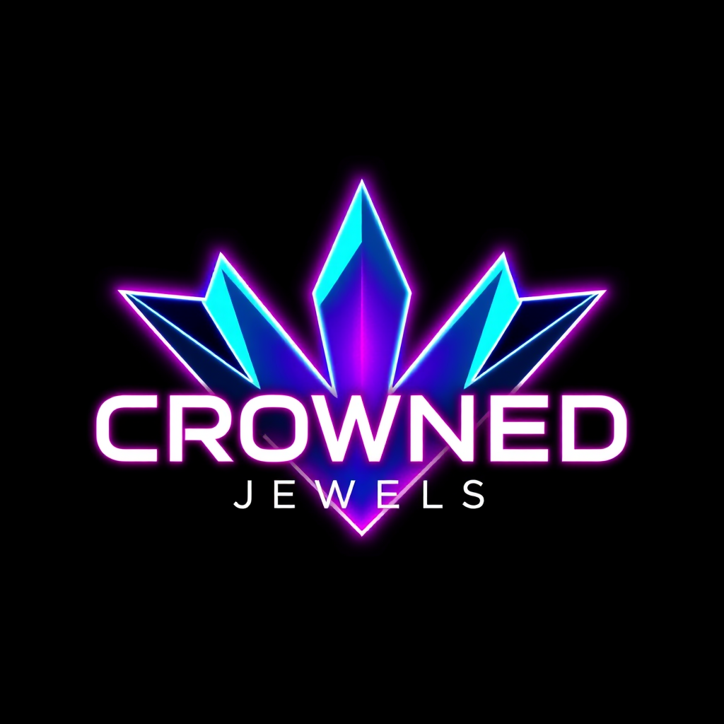 Neon logo of a jewel with the word "Crowned" in bold pink letters, and "Jewels" in smaller white letters below, against a black background.