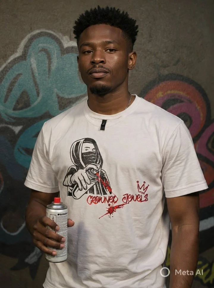 A young man with curly black hair holding a can of spray paint standing in front of a graffiti wall. He is wearing a white T-shirt with a graphic of a masked woman holding a spray paint can and the words 'Crowned Jewel's' in red with a crown symbol.