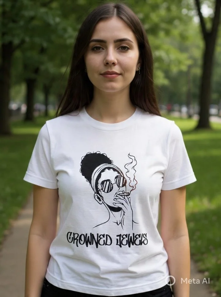 A young woman standing outdoors in a park with green trees and grass, wearing a white T-shirt with a black illustrated design of a woman with glasses and a bun, smoking with smoke rising, and the words "Growned Jewels" printed on it.