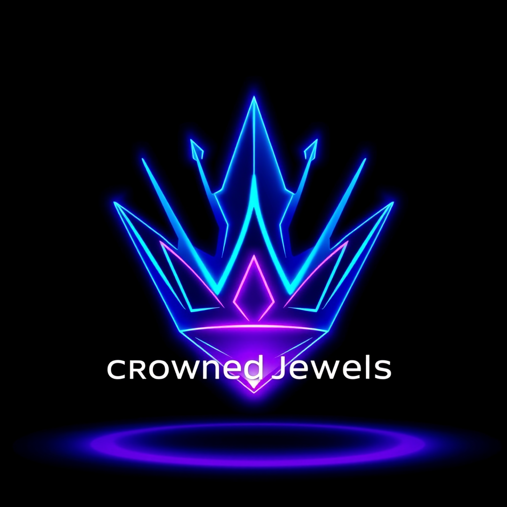 Neon illustration of a crown with purple and blue lights, with the words "crowned Jewels" written beneath it.