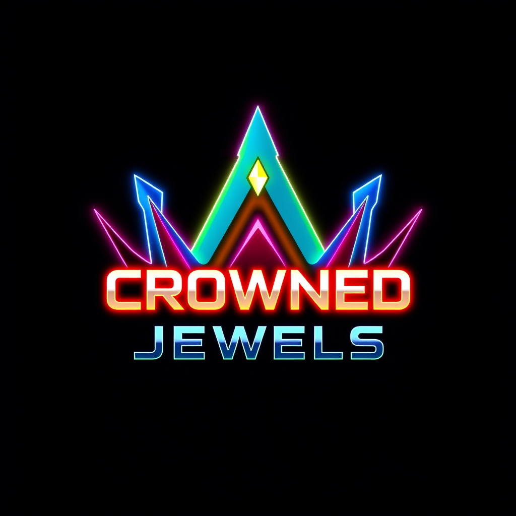 Neon sign with a crown and a jewel shape, displaying the words 'CROWNED JEWELS' in bright, glowing letters on a black background.