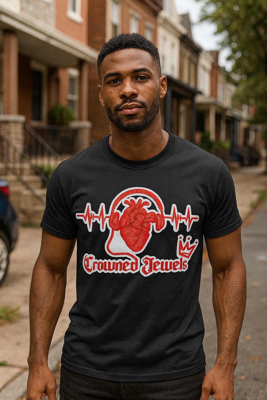 A young man standing outdoors in a neighborhood with brick row houses, wearing a black T-shirt with the words "Crowned Jewels" and a graphic of a red heart with a crown, surrounded by a heartbeat line.