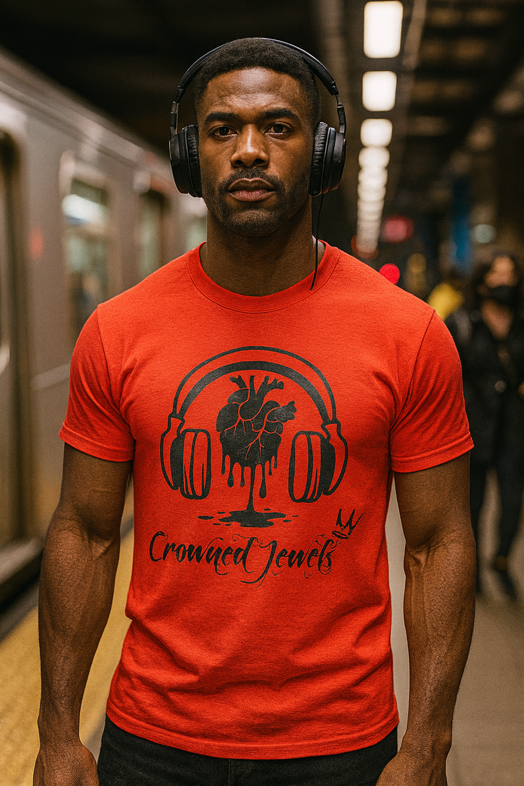 A man wearing a red t-shirt with a graphic design of a heart with dripping elements and headphones, standing on a subway platform.