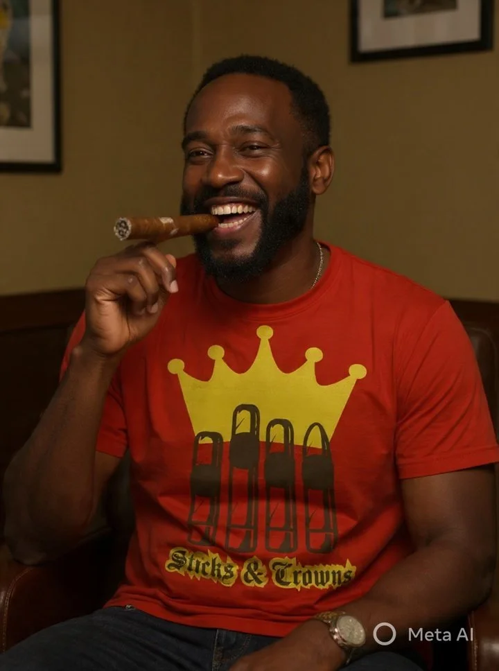 A smiling man with a beard and short hair is sitting in a room, holding a cigar in his right hand. He is wearing a red T-shirt with a yellow crown and black finger graphics, with the text "Sticks & Trowns" below the graphic.