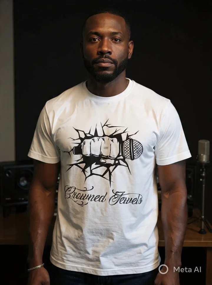 A man with a beard and mustache wearing a white T-shirt with a graphic of a fist gripping a microphone and the words 'Powered Twerk' written in cursive below. He is standing in a room with audio equipment and a dark background.
