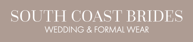 Text reading "South Coast Brides Wedding & Formal Wear" in elegant font on a light purple background.