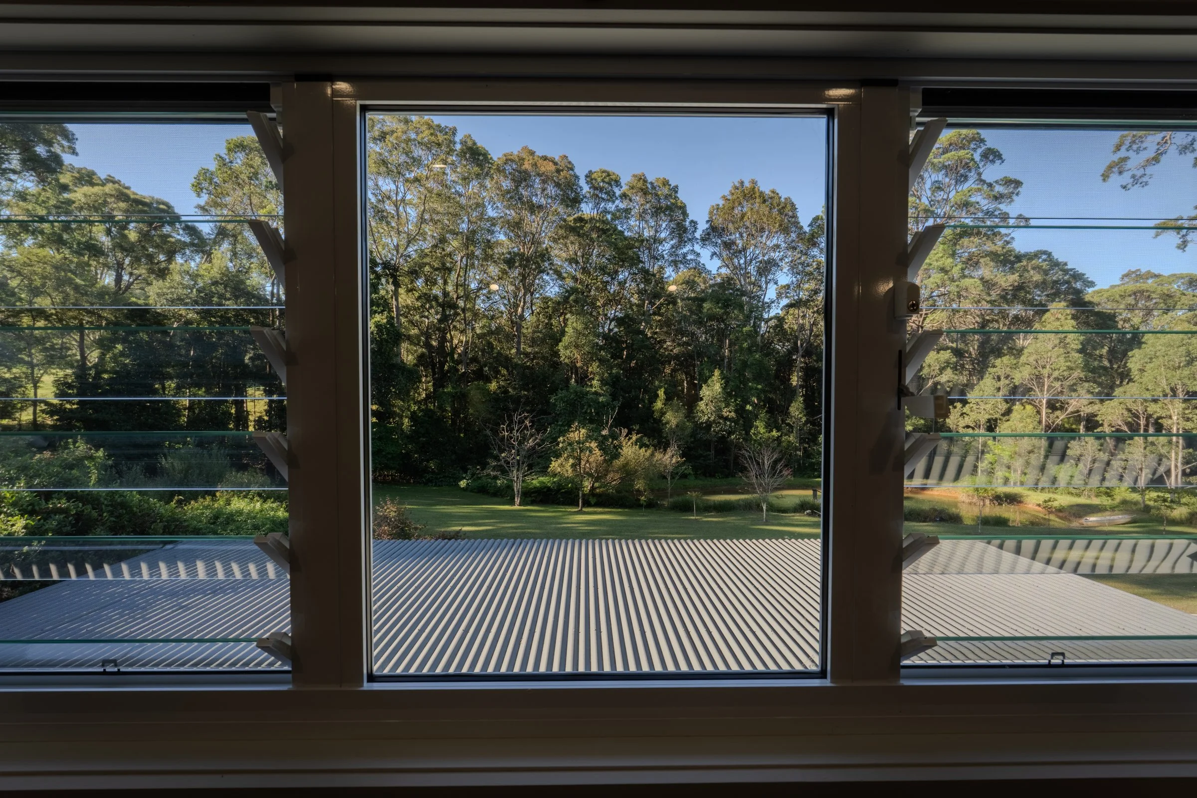 View through window showing trees and grass outside, with blinds partially open.
