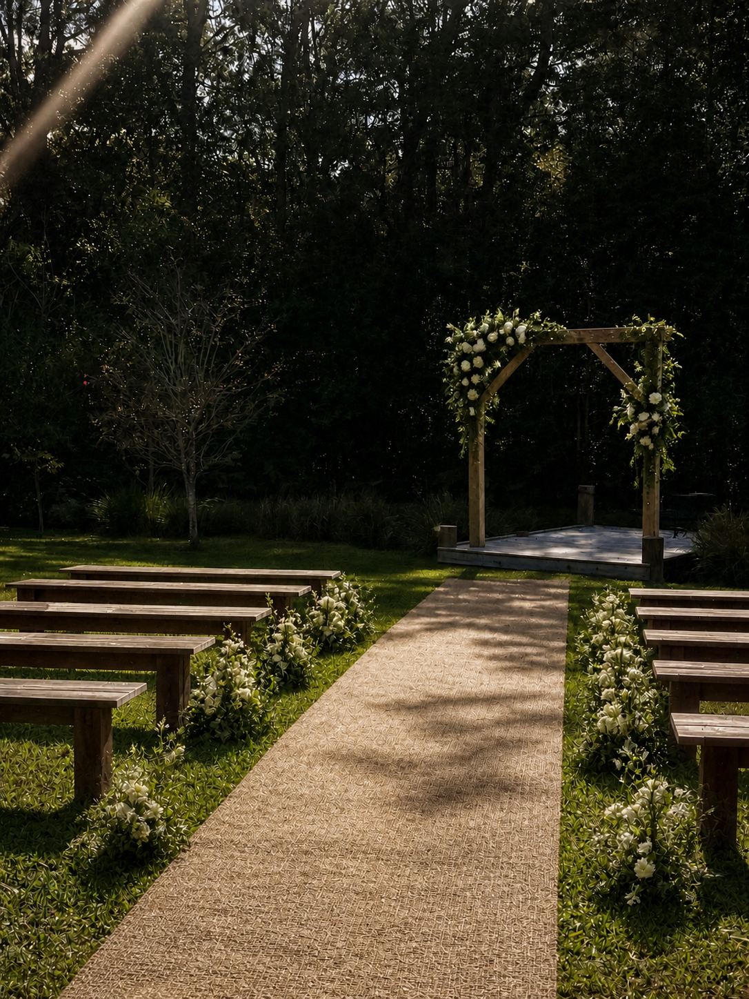 A wedding ceremony setup outdoors with a decorated wooden arch at the end of a carpeted aisle, flanked by flower arrangements on benches, in a green garden with trees and grass.