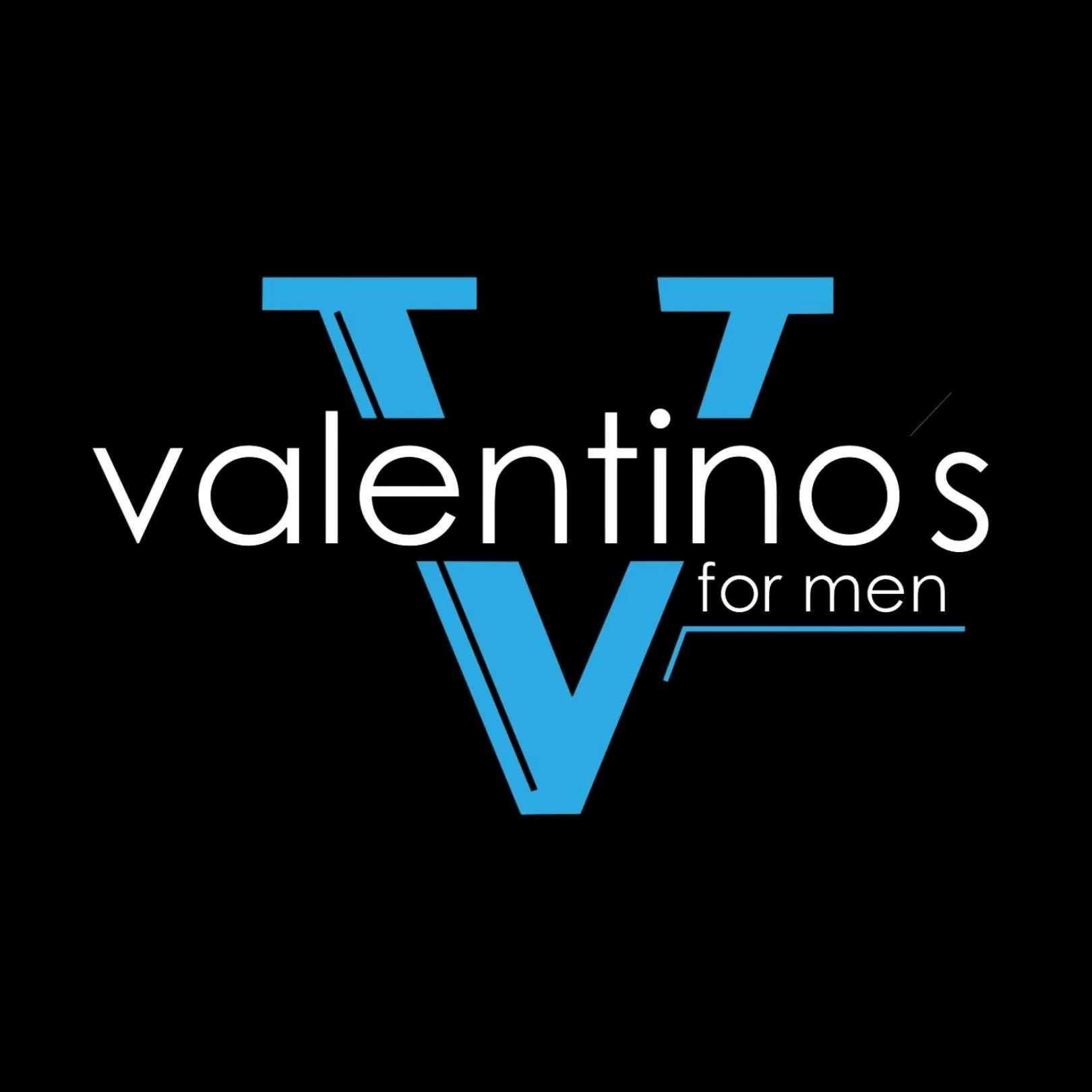 Logo for Valentine's for Men featuring a stylized blue 'V' and the words 'valentines for men' on a black background.