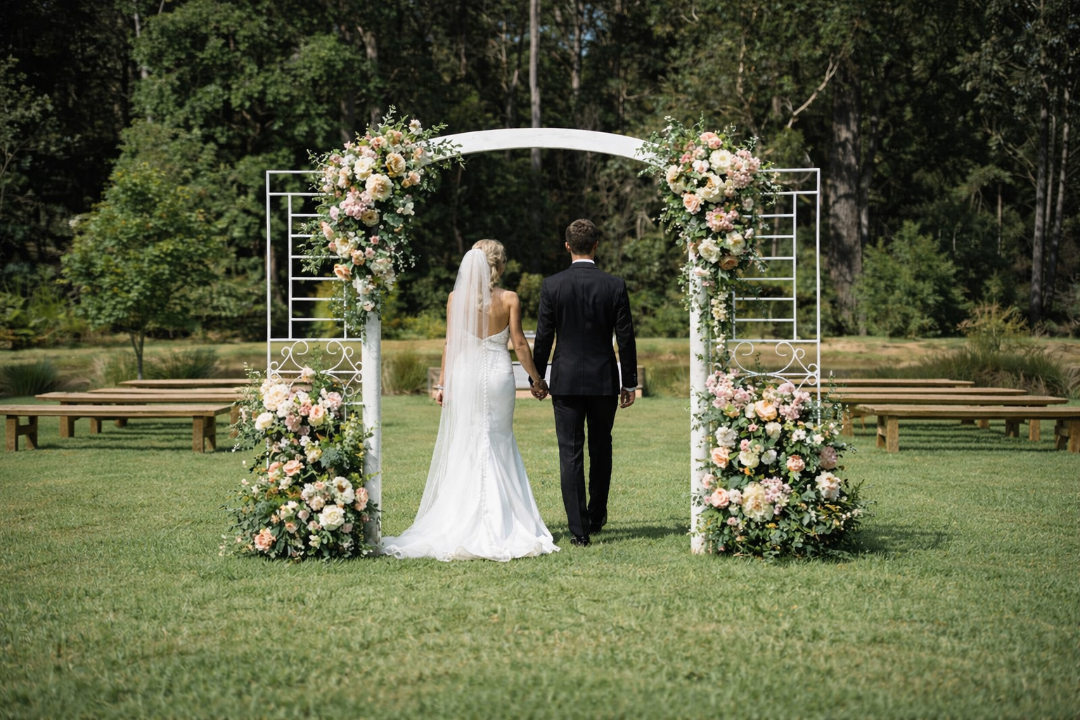 A bride and groom holding hands, walking away under a floral wedding arch on a grassy outdoor setting with benches and trees in the background.