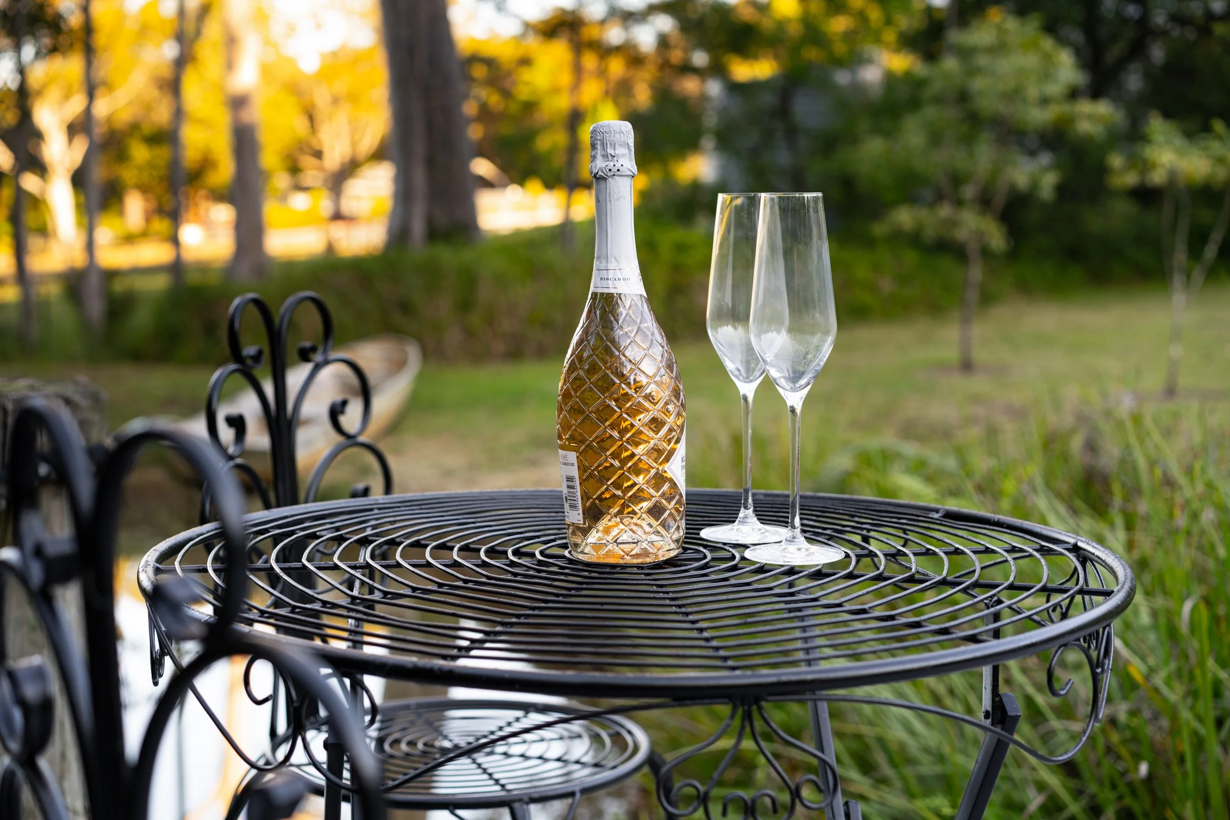 A bottle of sparkling wine and two empty champagne flutes on a black metal outdoor table in a garden with trees and sunlight in the background.