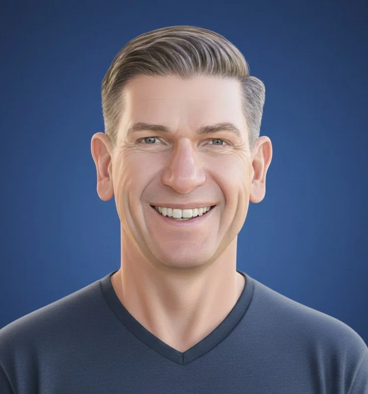 A smiling man with slicked-back hair wearing a dark blue shirt against a blue background.