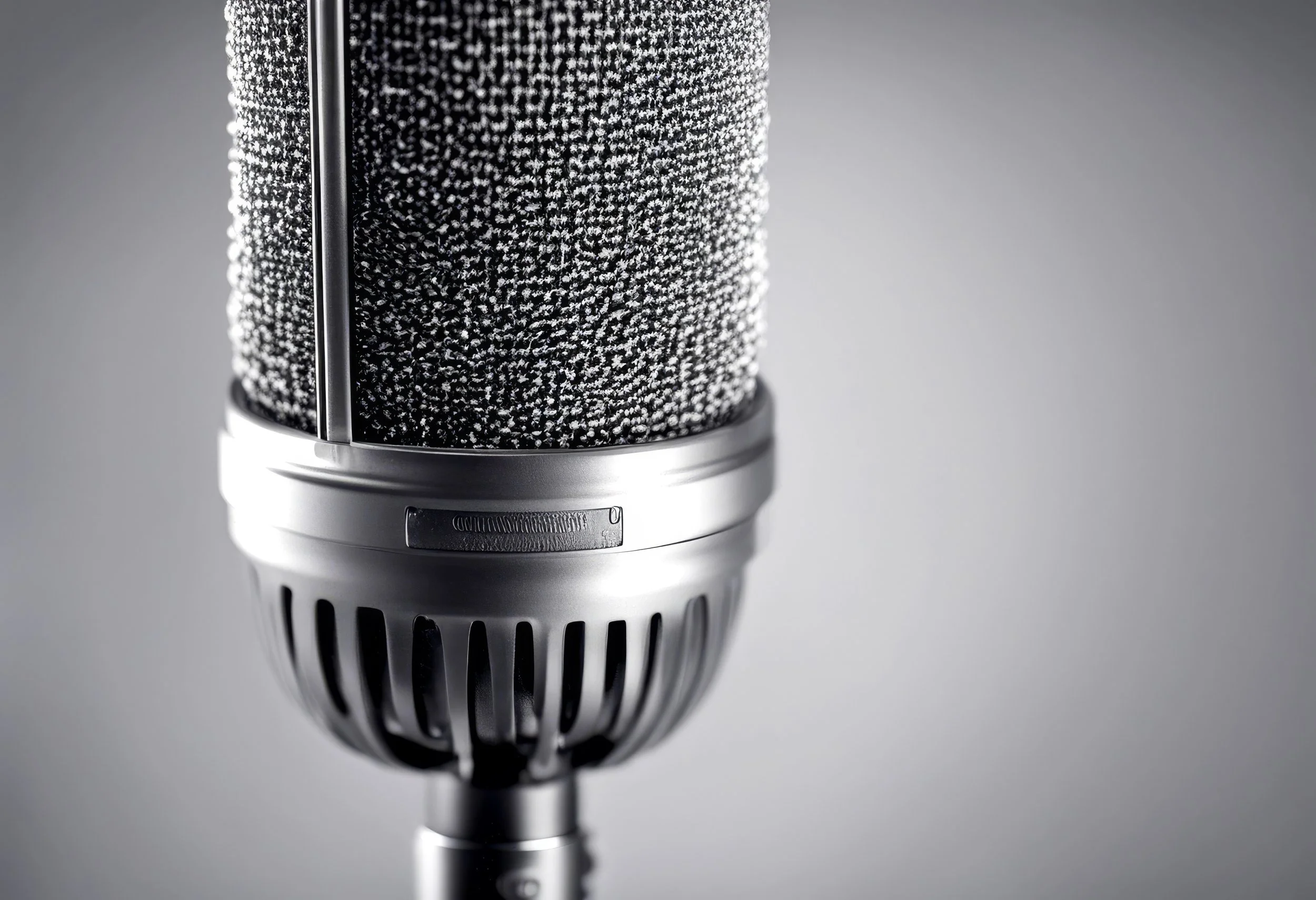 Close-up of a professional studio microphone with a metallic body and fabric grille against a plain background.