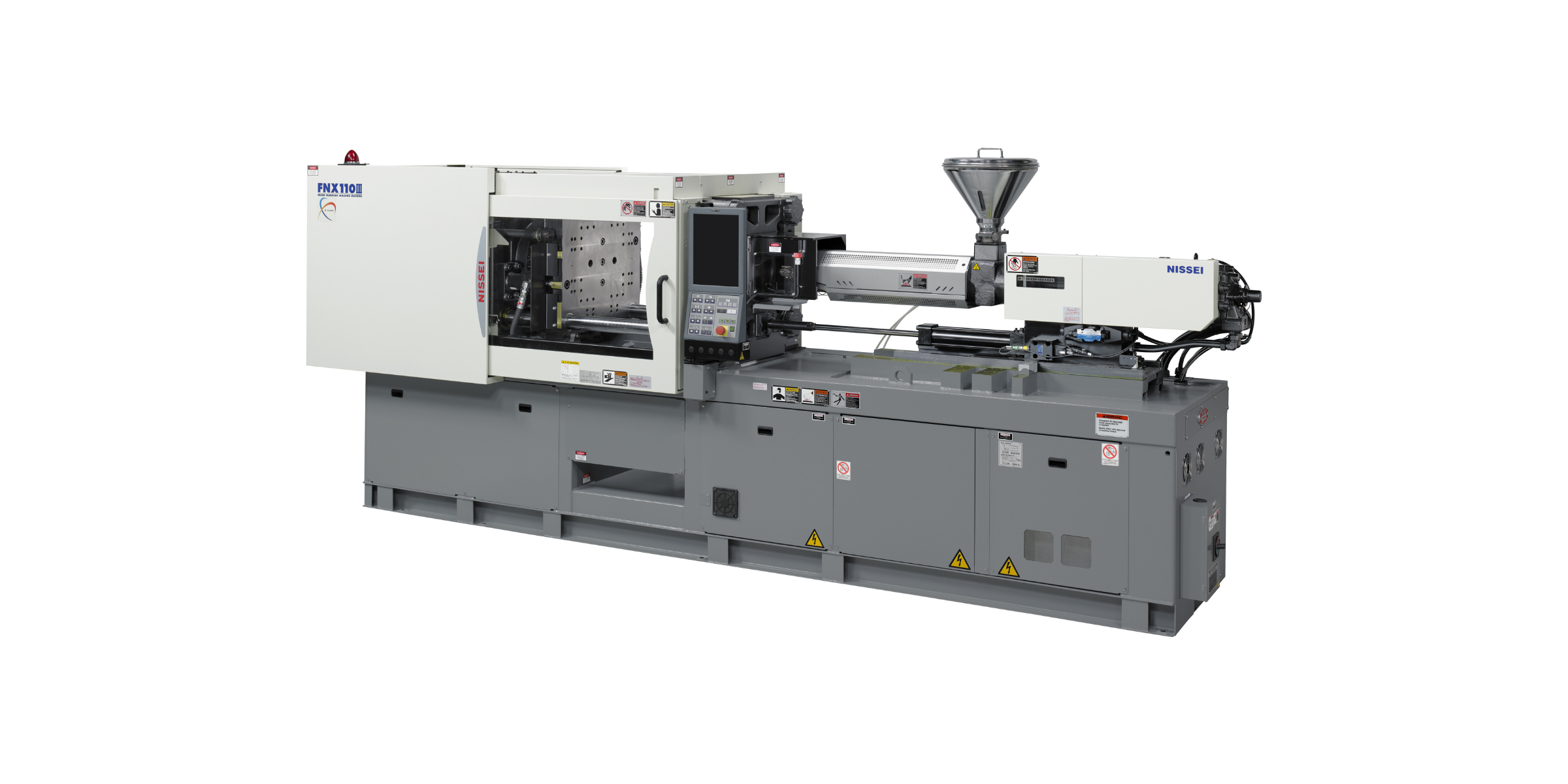 Industrial plastic injection molding machine with control panel, hopper, and metal mold area, primarily gray and white, with brand labels Nissei and FNX110III.