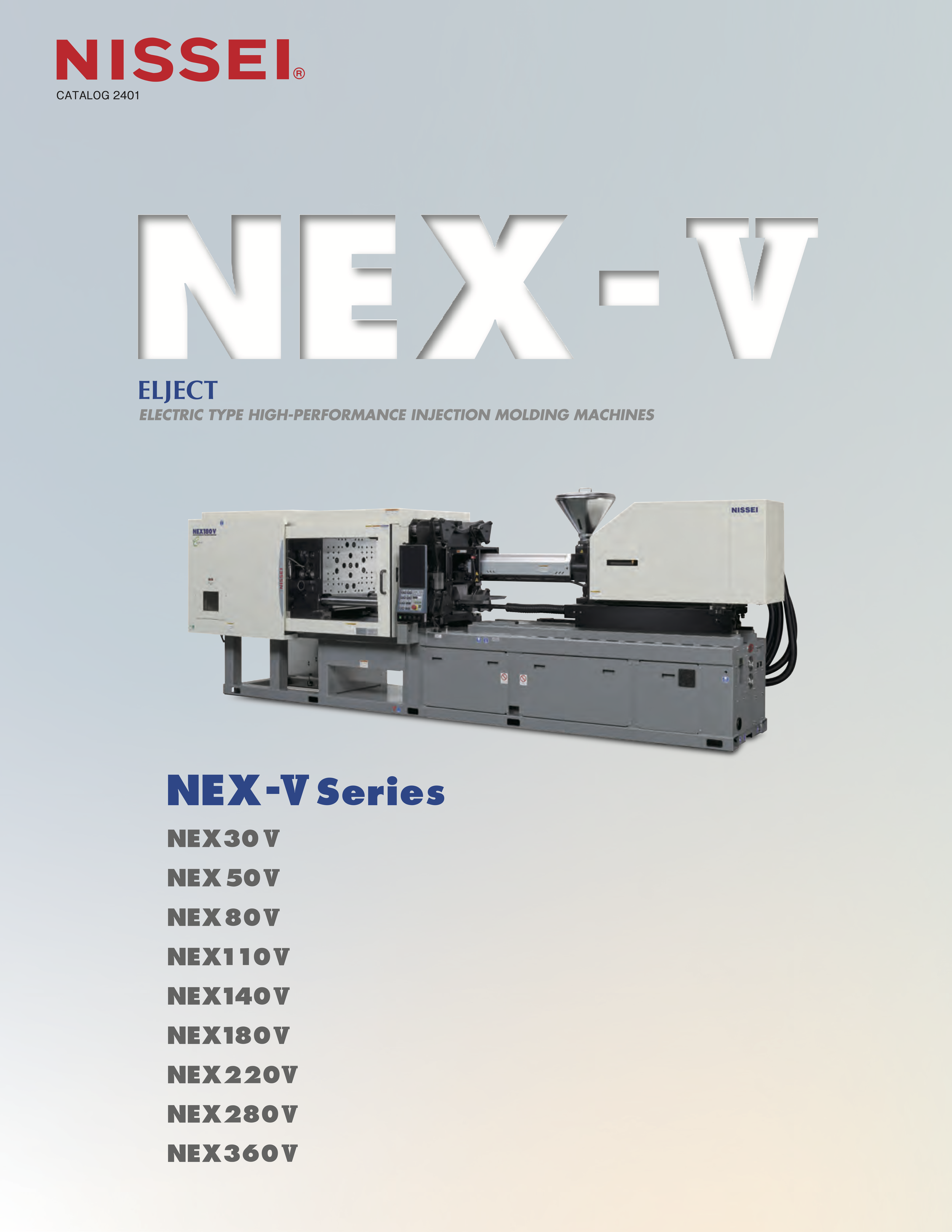 Cover page of a Nissei catalog featuring an electric injection molding machine from the NEX-V series, with model numbers listed.