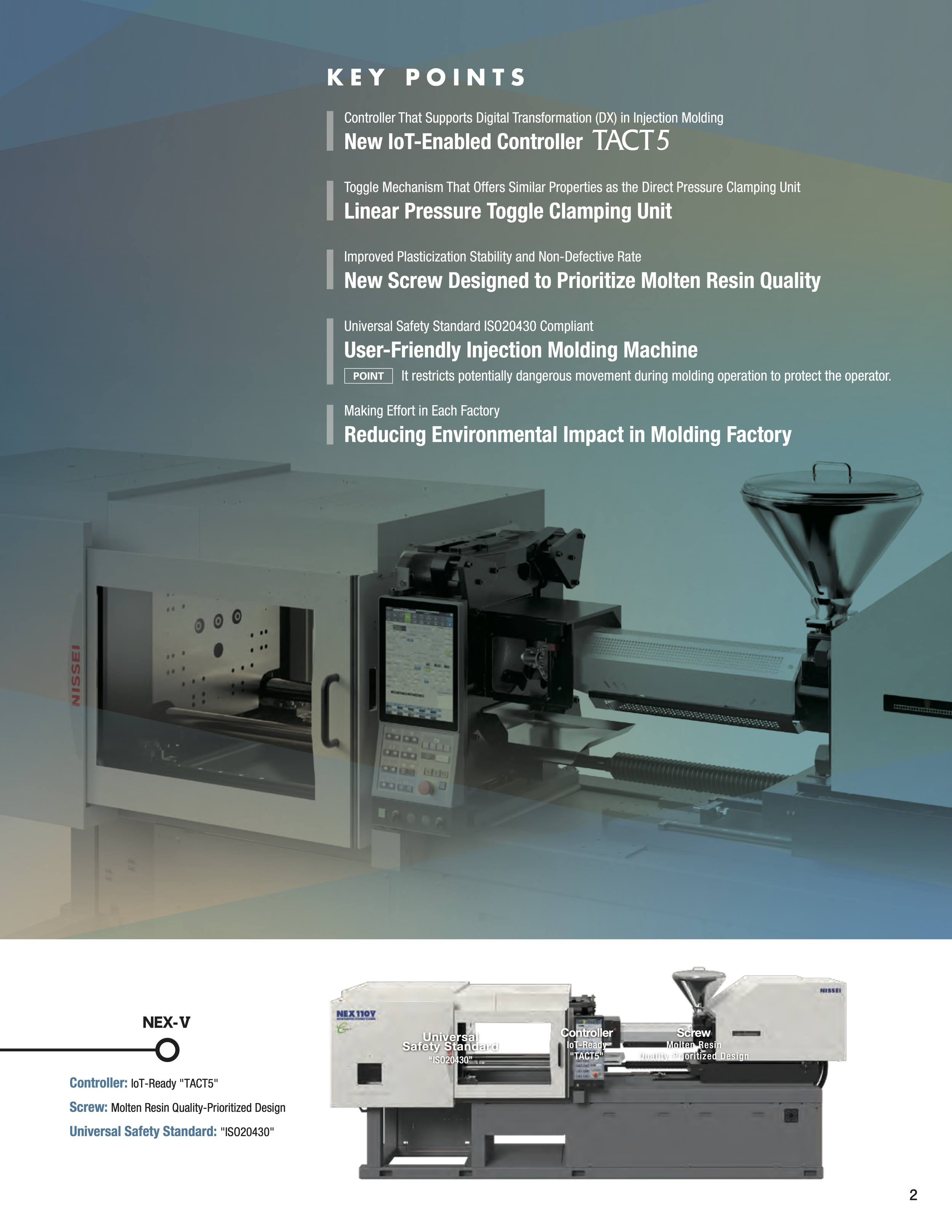An industrial injection molding machine with a control panel, hopper, and screw, used for plastic manufacturing, accompanied by key points about its features.
